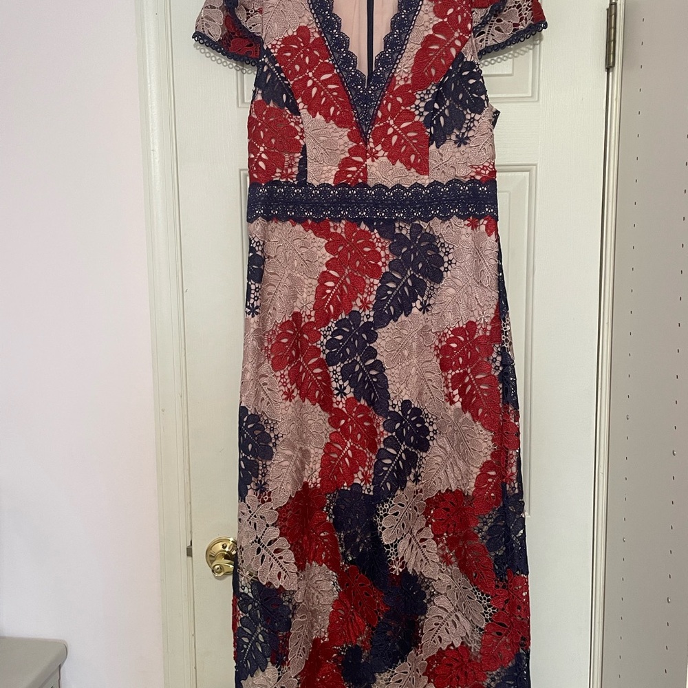 Adelyn Rae Adeline Palm Lace Midi Dress Cap Sleeve Blue Red Tan sz large - Picture 3 of 6